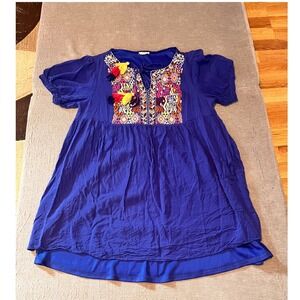 JODIFL Blue Embroidered Tassel Boho‎ Mini Dress Tunic Size M